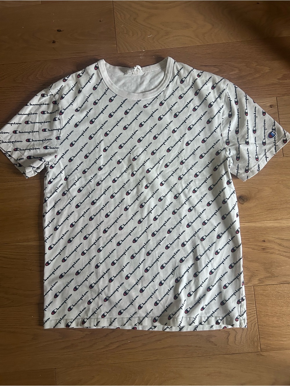 Champion White Short Sleeve Crew with All-Over Logo Print